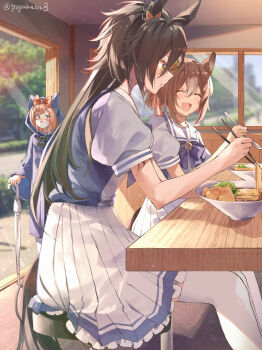 Rule 34 | 3girls, absurdres, agnes digital (umamusume), air shakur (umamusume), black hair, blood, blush, bow, bowtie, brown hair, chopsticks, closed eyes, commentary request, eating, fine motion (umamusume), food, hair bow, hair ornament, highres, horse girl, horseshoe ornament, long hair, mask, miniskirt, mouth mask, multiple girls, noodles, nosebleed, pink hair, pleated skirt, ponytail, puffy short sleeves, puffy sleeves, purple shirt, raincoat, ramen, sailor collar, sailor shirt, school uniform, shirt, short hair, short sleeves, sitting, skirt, summer uniform, thighhighs, tracen school uniform, umamusume, umbrella, white skirt, white thighhighs, yogukasu