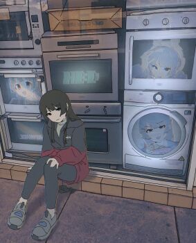 Rule 34 | 1girl, black hair, black jacket, black leggings, blazer, blue eyes, blunt bangs, blunt sidelocks, bow, bowtie, box, cable, chromatic aberration, closed mouth, clothes dryer, collared shirt, electric plug, empty eyes, english text, full body, glitch, grey shoes, hand on own head, happy birthday, hashtag-only commentary, head tilt, helmet, highres, hime cut, index finger raised, jacket, leggings, light smile, long hair, long sleeves, looking at viewer, microwave, moss, multicolored jacket, nazono mito, nijisanji, no nose, official alternate costume, on ground, open mouth, outdoors, oven, pink bow, pink bowtie, red jacket, reflection, shirt, shoes, shop, sidelocks, sidewalk, sitting, smile, sneakers, solo, space helmet, tsukino mito, tsukino mito (1st costume), tsukino mito (astronaut), tsukino mito (sporty), turtleneck, two-tone jacket, virtual youtuber, washing machine, white shirt, window, wing collar, yanagi (mimimikuri)