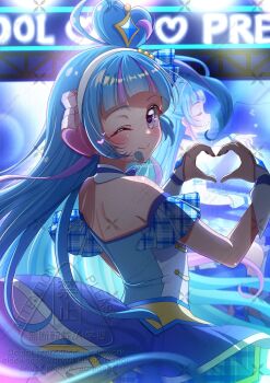 Rule 34 | 1girl, ;), aokaze nana, bare shoulders, blue dress, blue hair, blue wrist cuffs, closed mouth, commentary request, cure wink, detached collar, detached sleeves, dress, hair bun, hands up, heart, heart-shaped hair, heart hands, highres, idol heart brooch (precure), interlocked fingers, kimi to idol precure, long hair, looking at viewer, looking back, magical girl, multicolored hair, mymo0527, one eye closed, pleated dress, precure, purple eyes, short dress, smile, solo, sparkle, standing, strapless, thigh strap, tube top, wrist cuffs