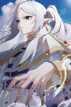 1girl absurdres capelet closed_mouth commentary_request dress earrings elf frieren from_side green_eyes grey_hair highres jewelry long_hair pointy_ears sidelocks solo sousou_no_frieren tiandingfengren twintails white_capelet white_dress