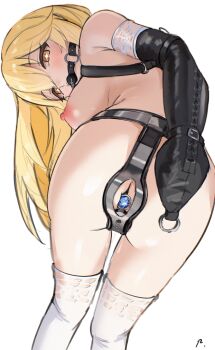 1girl absurdres anal anal_object_insertion armbinder arms_behind_back ass ball_gag bent_over blonde_hair breasts butt_plug chastity_belt commentary_request female_focus from_behind gag highres jewel_butt_plug large_breasts leaning_forward long_hair looking_at_viewer looking_back nipples nude object_insertion prixy restrained sex_toy shokuhou_misaki signature simple_background solo spider_web_print standing star-shaped_pupils star_(symbol) symbol-shaped_pupils thighhighs toaru_kagaku_no_mental_out toaru_kagaku_no_railgun toaru_majutsu_no_index white_background white_thighhighs yellow_eyes