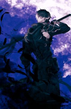 1boy bare_shoulders black_feathers black_hair commentary_request feathers from_behind highres holding holding_sword holding_weapon male_focus mask momota_ro5555 mouth_mask multicolored_hair ninja ninja_gaiden ninja_gaiden_4 purple_theme solo sword two-tone_hair weapon white_hair yakumo_(ninja_gaiden)