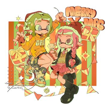 1boy 1girl asymmetrical_hair bag bag_of_cookies bakori514_(h_akka) black_footwear black_shorts blazer blue_eyes border braid candy candy_cane cardigan christmas collared_shirt commission cookie dot_nose earrings eyebrow_cut food fur-trimmed_headwear fur_trim green_hair grey_eyes hand_on_own_hip hat highres holding holding_bag holding_candy holding_candy_cane holding_food holding_string hood hoodie inkling inkling_boy inkling_girl inkling_player_character jacket jewelry merry_christmas necktie nintendo open_mouth outside_border pink_hair pink_necktie pink_skirt pointy_ears red_headwear sample_watermark santa_hat school_uniform shirt short_hair shorts single_braid skirt smile splatoon_(series) standing standing_on_one_leg string string_of_flags tentacle_hair watermark white_border white_shirt yellow_hoodie
