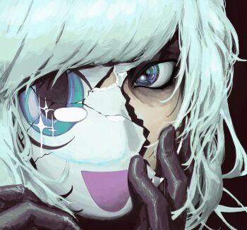 Rule 34 | 1girl, android, animegao, black background, black eyeliner, black gloves, blue eyes, broken mask, close-up, commentary, cosplay, cracked kawaii mask, english commentary, eyeliner, film grain, gloves, hand on own cheek, hand on own face, highres, kigurumi, lens eye, looking at viewer, makeup, marie (peripeteia), mask, meme, painterly, peripeteia, portrait, pursuit curve, short hair, solo, tsurime, white hair