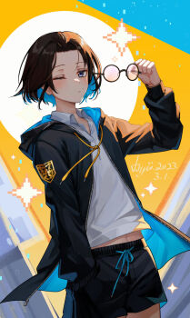 1boy ayiiiyiii black_hair black_hoodie black_shorts blue_eyes blue_hair bungou_stray_dogs character_request colored_inner_hair highres holding holding_removed_eyewear hood hooded_jacket hoodie jacket long_sleeves male_focus midriff multicolored_hair navel one_eye_closed open_clothes open_shirt round_eyewear shirt shorts solo unworn_eyewear white_shirt