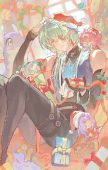 Rule 34 | 2boys, 2girls, anaxa (honkai: star rail), aqua hair, bare shoulders, black pants, blue vest, candy, candy cane, castorice (honkai: star rail), character doll, chinese commentary, christmas, collared shirt, commentary request, detached sleeves, doll, earrings, eyepatch, food, gift, gingerbread man, gonggan zhaoze, hand on own head, hat, highres, holding, holding gift, honkai: star rail, honkai (series), hyacine (honkai: star rail), jewelry, long hair, looking at viewer, male focus, multiple boys, multiple girls, one eye covered, pants, phainon (honkai: star rail), red eyes, red ribbon, ribbon, santa hat, shirt, sitting, solo focus, thigh strap, vest, watermark, weibo watermark, wreath