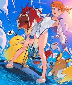 1girl alolan_form alolan_raichu alternate_color bare_legs blue_eyes blue_sky breasts cesar_art456 cloud commentary competition_swimsuit day earrings english_commentary feet gen_1_pokemon gen_3_pokemon gen_7_pokemon gyarados highleg highleg_one-piece_swimsuit highres jacket jewelry kamina_shades legs legs_apart long_sleeves looking_at_viewer medium_breasts misty_(pokemon) nintendo one-piece_swimsuit open_clothes open_jacket open_mouth orange_hair outdoors outstretched_arm pelipper pokemon pokemon_(creature) pokemon_hgss ponytail psyduck round_eyewear sandals shiny_pokemon short_hair short_ponytail sky smile spoken_x squirtle squirtle_squad standing starmie stud_earrings sun sunglasses swimsuit teeth toenails toes track_jacket triangular_eyewear upper_teeth_only water white_footwear white_jacket white_one-piece_swimsuit wingull x_(symbol)