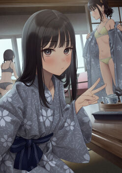 3girls absurdres ass black_bra black_hair black_panties blush bra breasts closed_mouth commentary_request controller cup green_bra green_panties grey_kimono highres indoors japanese_clothes kimono long_hair long_sleeves looking_at_viewer low_twintails multiple_girls navel open_clothes open_kimono original panties plaid_bra plaid_clothes plaid_panties print_kimono remote_control selfie short_hair shouji sitting sliding_doors small_breasts solo_focus standing stomach thighs twintails underwear underwear_only undressing v wide_sleeves yukishima_momo