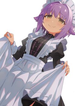 Rule 34 | 1girl, alternate costume, apron, black dress, blush, commentary request, commission, dress, enmaided, hair flaps, highres, idolmaster, idolmaster cinderella girls, juliet sleeves, koshimizu sachiko, long sleeves, looking at viewer, maid, maid headdress, puffy sleeves, purple hair, short hair, simple background, skeb commission, skirt hold, smile, solo, taru haru, white apron, white background, yellow eyes