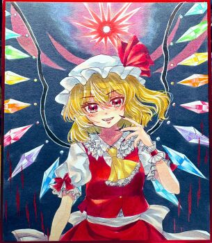 1girl ascot back_bow blonde_hair bow collared_shirt commentary_request crystal crystal_wings fingernails flandre_scarlet frilled_shirt_collar frills hat highres long_fingernails looking_at_viewer mitsu~ mob_cap multicolored_wings one_side_up open_mouth puffy_short_sleeves puffy_sleeves red_bow red_eyes red_nails red_skirt red_vest sharp_fingernails shirt short_sleeves skirt skirt_set sleeve_bow smile solo touhou traditional_media vest white_bow white_hat white_shirt wings wrist_cuffs yellow_ascot