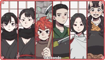 1boy 5girls :d armor artist_name asymmetrical_bangs bags_under_eyes benichidori black_hair black_scarf border breasts brick_wall chipped_tooth cleavage column_lineup dungeon_meshi dwarf frown hair_pulled_back hien high_ponytail highres holding holding_weapon horns inutade japanese_armor japanese_clothes katana kimono korean_commentary lipstick long_hair looking_at_viewer low_ponytail low_twintails maizuru makeup mature_female mole mole_under_eye multiple_girls multiple_moles namari_(dungeon_meshi) nazeondo ninja oni open_mouth orange_kimono parted_bangs pixel_art plant ponytail red_border red_hair scarf short_hair shurou sliding_doors smile sword twintails upper_body vines weapon