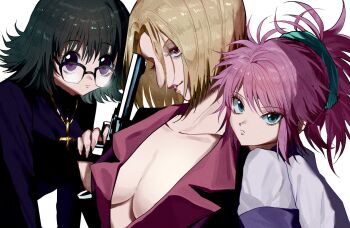 Rule 34 | 3girls, aquiline nose, breasts, cleavage, gun, highres, hunter x hunter, kasukasugom1, machi komacine, multiple girls, nose, open clothes, pakunoda, shizuku murasaki, tagme, weapon