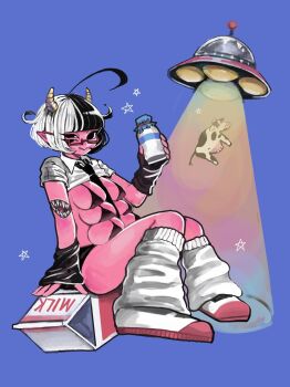 1girl a_n_r_i ahoge alien between_breasts bikini black_hair black_necktie blue_background bottle breasts colored_skin commentary cow cow_horns extra_breasts extra_eyes glasses highres horns loose_socks medium_breasts micro_bikini milk_bottle milk_carton multicolored_hair necktie necktie_between_breasts original pink_skin pointy_ears red-framed_eyewear short_hair simple_background socks swimsuit symbol-only_commentary ufo white_hair