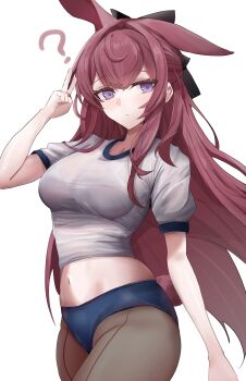 1girl absurdres alternate_costume animal_ears arknights arm_up black_bow blue_buruma blush bow bralines breasts brown_pantyhose buruma cowboy_shot extra_ears front-seamed_legwear gym_shirt hair_bow highres lastmatch500 long_hair looking_at_viewer medium_breasts midriff navel pantyhose parted_lips purple_eyes rabbit_ears rabbit_girl rabbit_tail ray_(arknights) red_hair seamed_legwear shirt simple_background solo tail v very_long_hair white_background white_shirt