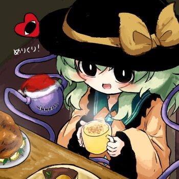 1girl black_eyes black_hat bow buttons cake christmas cup diamond_button eggnog eyeball food frilled_shirt_collar frilled_sleeves frills fruit fur-trimmed_headwear fur_trim green_hair hat hat_bow hat_ribbon heart heripantomorrow holding holding_cup komeiji_koishi lemon lemon_slice mug plate red_hat ribbon santa_hat shirt smile stitched_eye table third_eye touhou translated turkey_(food) wide_sleeves yellow_bow yellow_ribbon yellow_shirt