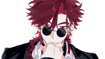 2boys absurdres black_coat black_shirt braid braided_ponytail chinese_commentary closed_mouth coat coat_on_shoulders collared_shirt earrings eyeshadow highres holding_hands huachajiangqwq implied_yaoi jewelry kiss kissing_hand long_hair looking_at_viewer makeup male_focus multiple_boys necklace out_of_frame portrait pov pov_hands red_eyes red_eyeshadow red_hair round_eyewear shiguang_dailiren shirt simple_background single_braid single_earring smile solo_focus sunglasses tassel tassel_earrings undershirt upper_body white_background white_shirt xiao_weiying