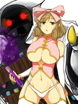 1girl :o bare_shoulders breasts brown_hair crop_top elbow_gloves gloves green_eyes hair_ribbon haruka_(senran_kagura) large_breasts medium_hair ribbon robot senran_kagura sleeveless suica.suika test_tube thighhighs thong underboob