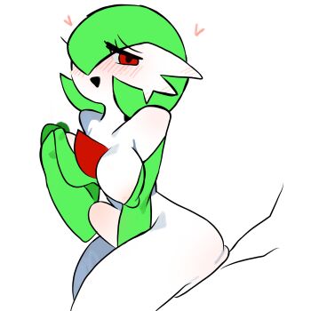 1boy 1girl areola_slip beta_(pixiv_109013543) between_legs blush bob_cut breasts breasts_apart colored_skin covered_erect_nipples cowboy_shot ear_blush from_side gardevoir gen_3_pokemon girl_on_top gloved_sleeves grabbing_own_breast green_hair green_shirt hair_over_one_eye half-closed_eyes hand_between_legs hand_up happy_sex heart hetero highres interspecies long_sleeves looking_at_viewer medium_breasts nintendo nose_blush one_eye_covered open_mouth pokemon pokemon_(creature) raised_eyebrows red_eyes sex shirt short_hair simple_background smile solo_focus stomach_bulge white_background white_skin