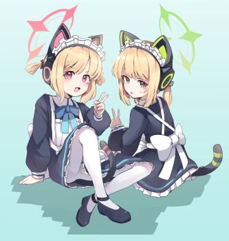 2girls animal_ear_headphones animal_ears apron aqua_background arm_support back_bow black_dress black_shoes black_tail blonde_hair blue_archive blue_bow blue_bowtie blush bow bowtie cat_ear_headphones cat_ears cat_tail collared_dress commentary contrast_collar dot_nose dress fake_animal_ears fake_tail frilled_apron frilled_dress frills from_behind full_body gradient_background green_bow green_eyes green_halo hair_bow halo hand_up headphones highres knee_up loli long_sleeves looking_at_viewer looking_back maid maid_apron maid_headdress midori_(blue_archive) midori_(maid)_(blue_archive) momoi_(blue_archive) momoi_(maid)_(blue_archive) multiple_girls official_alternate_costume official_alternate_hairstyle open_mouth panties panties_under_pantyhose pantyhose pantyshot parted_bangs pink_eyes pink_halo puffy_long_sleeves puffy_sleeves red_bow sealili0831 shadow shoes short_hair short_twintails siblings sidelocks simple_background sisters sitting smile sweatdrop tail thighband_pantyhose turning_head twins twintails underwear v v-shaped_eyebrows white_apron white_bow white_headdress white_panties white_pantyhose