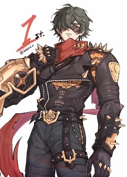 1boy baibian6665 black_gloves black_jacket black_shirt clenched_hand closed_mouth commentary_request cowboy_shot gloves green_eyes green_hair green_pants hair_over_one_eye hand_up highres jacket leather leather_jacket lighter_(zenless_zone_zero) looking_to_the_side male_focus pants red_pupils red_scarf scarf shirt short_hair shoulder_spikes simple_background solo spiked_belt spiked_jacket spikes studded_gloves sunglasses torn_clothes torn_scarf torn_shirt twitter_username white_background zenless_zone_zero zipper zipper_pull_tab