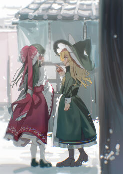 2girls absurdres alternate_costume apron black_coat black_hat blonde_hair boots bow brown_boots brown_hair closed_eyes coat frilled_bow frilled_hair_tubes frilled_hat frills hair_tubes hakurei_reimu hat hat_bow highres house kirisame_marisa multiple_girls outdoors red_bow red_skirt ribbon-trimmed_sleeves ribbon_trim shi_chimi shirt skirt smile snow snowing touhou waist_apron white_bow white_shirt wide_sleeves witch_hat yellow_eyes