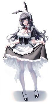 Rule 34 | 1girl, absurdres, animal ears, apron, black corset, black dress, black hair, black shoes, blue eyes, bow, bowtie, braid, breasts, cleavage, commentary request, corset, cross-laced clothes, cross-laced corset, dress, frilled apron, frilled dress, frills, full body, garter straps, hair ornament, hair ribbon, heart, heart hair ornament, highres, juchyoko, korean commentary, large breasts, looking at viewer, maid apron, maid headdress, open mouth, puffy short sleeves, puffy sleeves, rabbit ears, red bow, red bowtie, red ribbon, ribbon, shirayuki hina, shoes, short sleeves, simple background, skirt hold, solo, stellive, thighhighs, virtual youtuber, white apron, white background, white thighhighs, white wrist cuffs, wrist cuffs