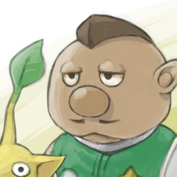 Rule 34 | 1boy, badge, big nose, black eyes, brown hair, buttons, charlie (pikmin), closed mouth, colored skin, commentary request, dark-skinned male, dark skin, expressionless, facial hair, gradient background, green background, half-closed eyes, leaf, looking ahead, lowres, male focus, mohawk, mustache, naru (wish field), nintendo, no headwear, pikmin (creature), pikmin (series), pointy ears, short hair, spacesuit, star (symbol), upper body, very short hair, white background, yellow pikmin, yellow skin