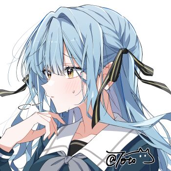 1girl absurdres bang_dream! bang_dream!_it&#039;s_mygo!!!!! black_ribbon blue_hair blue_shirt blush chinese_commentary commentary_request grey_neckerchief hair_intakes hair_ornament hair_ribbon hanchan540 hand_up highres long_hair long_sleeves neckerchief parted_lips portrait ribbon school_uniform shirt sidelocks simple_background solo sweat togawa_sakiko tsukinomori_school_uniform white_background yellow_eyes