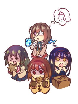 Rule 34 | > <, 3:, 4girls, :o, black camisole, black hair, black hairband, blue ribbon, blue skirt, blunt ends, bob cut, brown hair, brown jacket, brown mittens, camisole, chibi, chibi only, chinese commentary, clannad, closed mouth, coat, commentary request, company connection, cowboy shot, cropped legs, crossover, eyepatch, food, food in mouth, ghost, green hair, hair between eyes, hairband, hand up, heaven burns red, hiiragi kozue, hikarizaka private high school uniform, hitodama, holding, holding star, ibuki fuuko, jacket, kanon, key (company), kushima kamome, lliissaawwuu2, long hair, looking at viewer, medical eyepatch, medium hair, miniskirt, mittens, multiple crossover, multiple girls, neck ribbon, one eye covered, open clothes, open jacket, open mouth, pleated skirt, purple eyes, red eyes, red hairband, red skirt, ribbon, scared, school uniform, shaded face, simple background, skirt, skull and crossbones, speech bubble, spoken character, star (symbol), summer pockets, sweatdrop, taiyaki, tearing up, thought bubble, tsukimiya ayu, wagashi, wavy mouth, white background, yellow coat, yellow eyes, yellow jacket