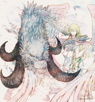 1girl blonde_hair closed_eyes closed_mouth copyright_name dragon feathered_wings final_fantasy final_fantasy_xiv hraesvelgr_(ff14) long_hair ruka_(blueplus84) ryne_waters shiva_(final_fantasy) smile twitter_username very_long_hair white_wings wings