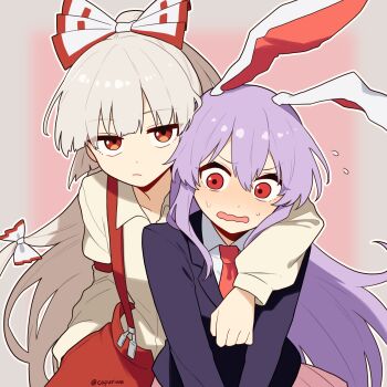 2girls animal_ears arm_over_shoulder black_jacket blazer blush bow closed_mouth collared_shirt commentary_request fujiwara_no_mokou grey_hair grey_shirt hair_bow highres jacket kapuri_(capuriwa) long_hair long_sleeves looking_at_viewer multiple_girls necktie open_mouth pants pink_skirt purple_hair rabbit_ears rabbit_girl red_eyes red_necktie red_pants reisen_udongein_inaba shirt skirt striped_clothes suspenders sweat touhou twitter_username vertical-striped_clothes very_long_hair white_shirt yuri