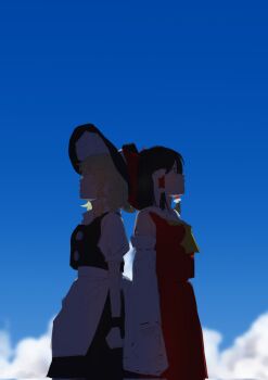 2girls apron ascot babaiwan_fengchui black_hat black_skirt black_vest blonde_hair blue_sky bow braid chinese_commentary cloud commentary_request corrupted_twitter_file day detached_sleeves frilled_hair_tubes frills hair_bow hair_tubes hakurei_reimu hat highres kirisame_marisa long_hair multiple_girls puffy_short_sleeves puffy_sleeves red_bow red_skirt ribbon-trimmed_sleeves ribbon_trim short_sleeves side_braid single_braid skirt skirt_set sky touhou vest waist_apron witch_hat yellow_ascot