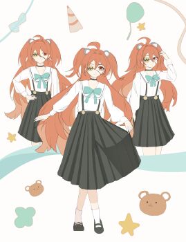 1girl absurdres ahoge animal_ears bear_ears eyepatch fake_animal_ears hair_between_eyes hair_ornament highres koleda_belobog long_hair looking_at_viewer original red_eyes red_hair solo sphere_hair_ornament twintails yuewei zenless_zone_zero