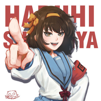 1girl :d armband artist_name blue_sailor_collar blue_skirt bow brown_eyes brown_hair character_name hair_bow hair_ribbon hairband hand_on_own_hip highres himewari kita_high_school_uniform long_sleeves looking_at_viewer medium_hair open_mouth paperclip pointing pointing_at_viewer red_armband ribbon sailor_collar school_uniform serafuku simple_background skirt smile solo suzumiya_haruhi suzumiya_haruhi_no_yuuutsu teeth tongue upper_body watermark white_background winter_uniform yellow_bow yellow_hairband yellow_ribbon