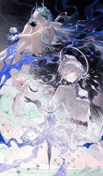 1girl absurdres bare_shoulders barefoot black_gloves breasts closed_mouth dress feathers frilled_wrist_cuffs frills full_body garrison_cap gloves grey_eyes grey_hair hair_between_eyes hair_ornament halo hat headgear highres knees_to_chest legs liv:_eclipse_(pgr) liv:_empyrea_(pgr) liv:_limpidity_(pgr) liv_(pgr) long_hair long_sleeves looking_down looking_to_the_side medium_breasts multiple_persona multiple_views necktie pink_eyes profile punishing:_gray_raven sidelocks updo upper_body very_long_hair white_dress white_hair wrist_cuffs x_hair_ornament zhouliang48183