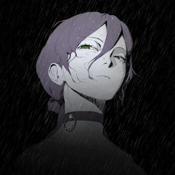 1girl absurdres black_background black_choker chainsaw_man choker closed_mouth green_eyes grenade_pin hair_between_eyes hair_bun highres purple_hair rain reze_(chainsaw_man) rubylovedraw solo wet