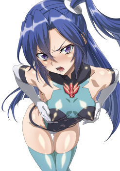 1girl angry aqua_leotard aqua_thighhighs armpits black_leotard blue_eyes blue_hair blush breasts covered_erect_nipples elbow_gloves full-face_blush gloves gluteal_fold hair_between_eyes hands_on_own_chest highres kazanari_tsubasa leaning_forward leotard lips long_hair looking_at_viewer medium_breasts multicolored_leotard open_mouth senki_zesshou_symphogear solo syunzou teeth thighhighs two-tone_leotard undersuit very_long_hair white_background white_gloves