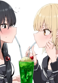 2girls ameno_hitsuka bendy_straw black_eyes black_hair black_sailor_collar black_shirt blonde_hair blush brown_eyes cherry commentary_request cup drink drinking_glass drinking_straw flying_sweatdrops food from_side fruit hands_up highres ice ice_cube kamioka_senri long_hair long_sleeves melon_soda multiple_girls neckerchief original piripun profile puffy_long_sleeves puffy_sleeves sailor_collar shared_drink shirt simple_background sweat upper_body white_background white_neckerchief yuri