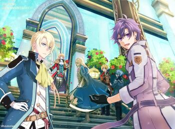 6+boys anniversary ascot banner belt belt_buckle black_gloves blonde_hair blue_eyes blue_hair boots buckle cape cedric_reise_arnor closed_eyes closed_mouth coat collar collared_jacket eiyuu_densetsu english_text epaulettes eyebrows eyelashes falcom flower formal_clothes frilled_sleeves frills frown gate gloves green_coat hair_between_eyes hand_on_arm hand_on_own_hip highres holding holding_flower jacket jusis_albarea kurt_vander lantern light_particles long_hair looking_at_another male_focus military military_uniform multiple_boys olivert_reise_arnor one_eye_closed open_mouth petals plant ponytail prince purple_eyes purple_hair rean_schwarzer red_coat rose rufus_albarea school_uniform sen_no_kiseki sen_no_kiseki_(series) sen_no_kiseki_i sen_no_kiseki_iii short_hair siblings stairs standing toumorian twitter_username white_gloves wink