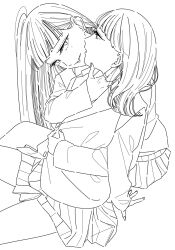Rule 34 | 2girls, earrings, greyscale, hand on another&#039;s neck, hand on another&#039;s stomach, highres, jacket, jewelry, kamatama rom, long hair, long sleeves, looking at another, medium hair, mole, mole under eye, monochrome, multiple girls, original, parted lips, pleated skirt, ring, school uniform, sitting, skirt, slit pupils, smile, stud earrings, yuri