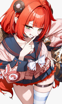 Rule 34 | 1girl, absurdres, black choker, black sailor collar, blush, braid, cardigan, choker, collarbone, commentary, goeleu, green eyes, grey background, hair ornament, highres, index finger raised, kamanosuke (zenless zone zero), looking at viewer, pink cardigan, revision, sailor collar, school uniform, simple background, single thighhigh, solo, sphere hair ornament, standing, striped clothes, striped thighhighs, thigh strap, thighhighs, thighs, twin braids, ukinami yuzuha, zenless zone zero