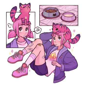 Rule 34 | 1girl, anger vein, animal, animal on head, bandaid, bandaid on face, bandaid on leg, bowl, cat, cat on head, colored skin, commentary, draw this in your style challenge, english commentary, fart, gluca, hair ornament, highres, low twintails, on head, original, pet bowl, pink hair, pink shoes, pink skin, purple eyes, purple shorts, shoes, short shorts, shorts, sparkle, spoken anger vein, twintails