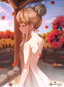 1girl absurdres armpits ass autumn bare_shoulders bathing blue_sky blush breasts brown_eyes closed_mouth cloud cloudy_sky eyelashes falling_leaves from_behind hair_bun hair_ornament hairpin half-closed_eyes hand_on_own_chest highres idolmaster idolmaster_million_live! idolmaster_million_live!_theater_days leaf light_brown_hair lone_nape_hair long_hair looking_back looking_down maple_leaf maple_tree medium_breasts naked_towel onsen outdoors rock sidelocks signature single_hair_bun sky solo sweat swept_bangs tainoe7828 tenkuubashi_tomoka towel tree wading water_drop