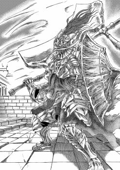 913kousatu absurdres armor armored_boots axe boots breastplate brick_wall commentary_request dark_souls_(series) dark_souls_iii dragonslayer_armour faulds greyscale highres holding holding_axe holding_shield living_armor monochrome no_humans outdoors pauldrons shield shoulder_armor sky