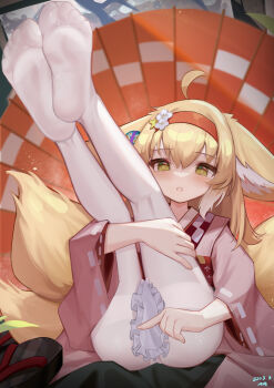 1girl ahoge animal_ears apron arknights blonde_hair blush ears_down feet female_focus fox_ears fox_girl fox_tail full_body geta green_eyes hairband highres japanese_clothes kalun_(fwme3378) kimono kneepits large_variant_set legs legs_up loli long_hair long_sleeves looking_at_viewer no_shoes official_alternate_costume oil-paper_umbrella open_mouth pantyhose pink_kimono red_hairband shoes signature sitting soles solo suzuran_(arknights) suzuran_(yukibare)_(arknights) tail thighband_pantyhose toes umbrella unworn_shoes variant_set waist_apron white_apron white_pantyhose wide_sleeves