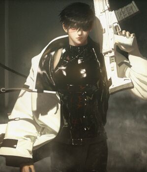 1boy abs absurdres aegyo_sal assault_rifle belt black_eyes black_hair cowboy_shot eyepatch gun highres holding holding_gun holding_weapon jacket looking_at_viewer male_focus meltoring original oversized_jacket realistic rifle serious shirt short_hair sleeveless sleeveless_shirt solo tight_clothes toned toned_male weapon white_jacket
