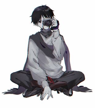 Rule 34 | 1boy, black hair, black shoes, camera, closed mouth, commentary request, full body, grey sweater, highres, holding, holding camera, ikari shinji, indian style, looking at viewer, male focus, neon genesis evangelion, pale skin, scarf, shoes, short hair, simple background, sitting, solo, sweater, white background, yorumi1117
