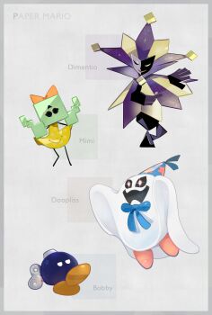 1girl 3boys absurdres bobby_(paper_mario) bow character_name clown clown_boy copyright_name crossed_legs dimentio doopliss dress english_text grey_background hat highres higuchi_megumi jester jester_boy mario_(series) mask mimi_(paper_mario) multiple_boys nintendo no_humans open_mouth paper_mario paper_mario:_the_origami_king paper_mario:_the_thousand-year_door party_hat red_bow simple_background star_(symbol) super_paper_mario upside-down_head yellow_dress