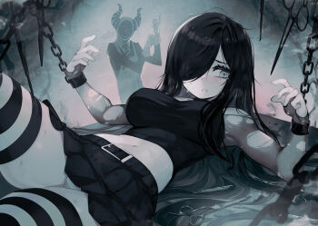 Rule 34 | 1boy, 1girl, aria wintermint, belt, belt skirt, black hair, black shirt, black skirt, bridal gauntlets, chain, commentary, crop top, english commentary, green eyes, highres, long hair, lying, midriff, navel, on back, original, panties, pantyshot, parororo, parted lips, restrained, scissors, shirt, skirt, striped clothes, striped panties, sweatdrop, the crawling city, thighhighs, torn clothes, underwear, zettai ryouiki