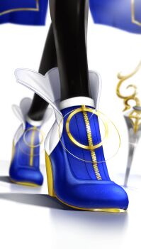 1girl absurdres black_thighhighs blue_shoes commentary english_commentary footwear_focus high_heels highres hololive hololive_english luke_s_(artist) ouro_kronii ouro_kronii_(1st_costume) shoes solo thighhighs virtual_youtuber white_background zipper